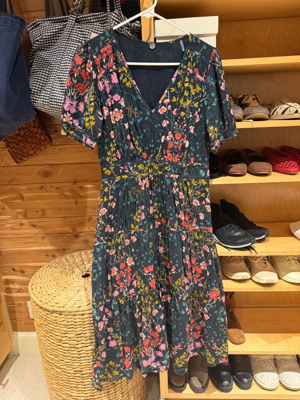 Margaret O'Leary Black Floral V-Neck Tiered Midi Dress
